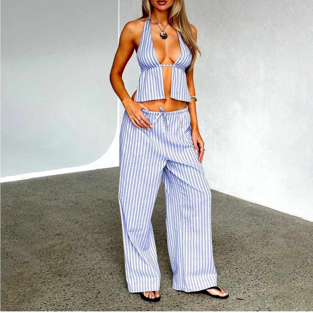 Striped blue halter top and matching pants